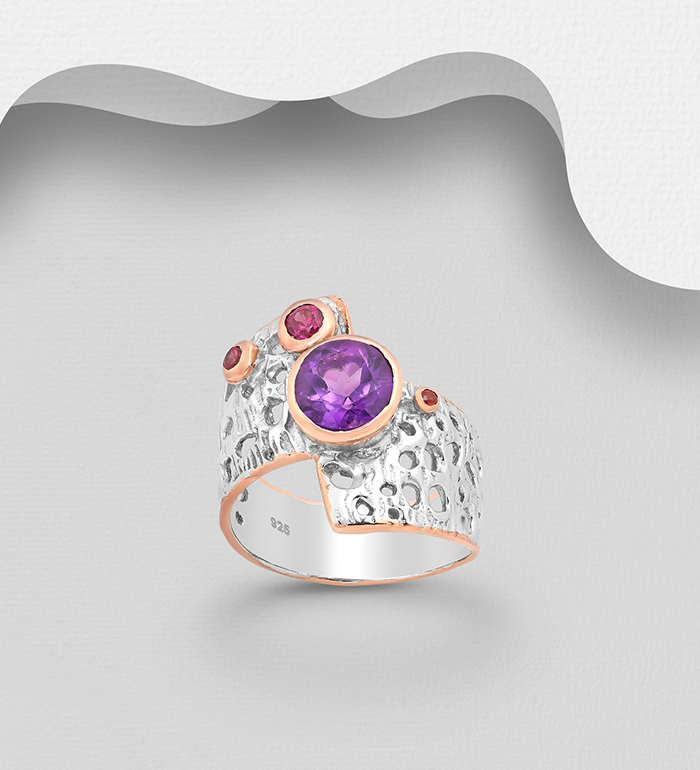 1916-225 - ADIORE JEWELS - 925 Sterling Silver Ring, Decorated with Red Sapphire, Amethyst and Rhodolite, Plated with 3 Micron 22K Pink Gold and White Rhodium