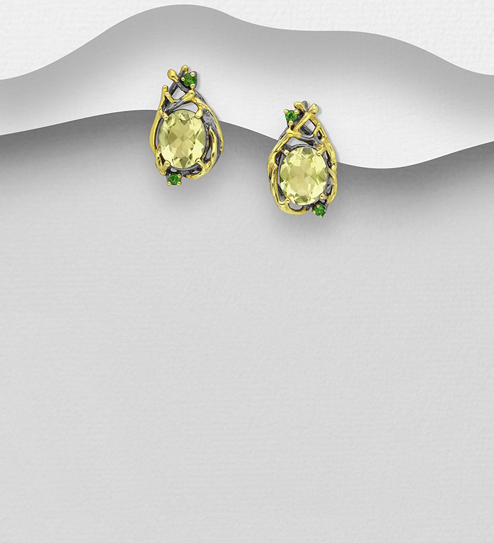 1916-226 - ADIORE JEWELS - 925 Sterling Silver Push-Back Earrings, Decorated with Chrome Diopside and Lemon Quartz, Plated with 3 Micron 22K Yellow Gold and Grey Ruthenium 