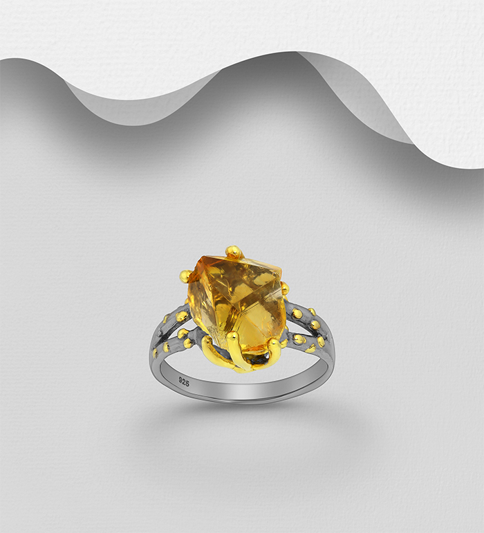 1916-229 - ADIORE JEWELS - 925 Sterling Silver Ring, Decorated with Citrine, Plated with 3 Micron 22K Yellow Gold and Grey Ruthenium 