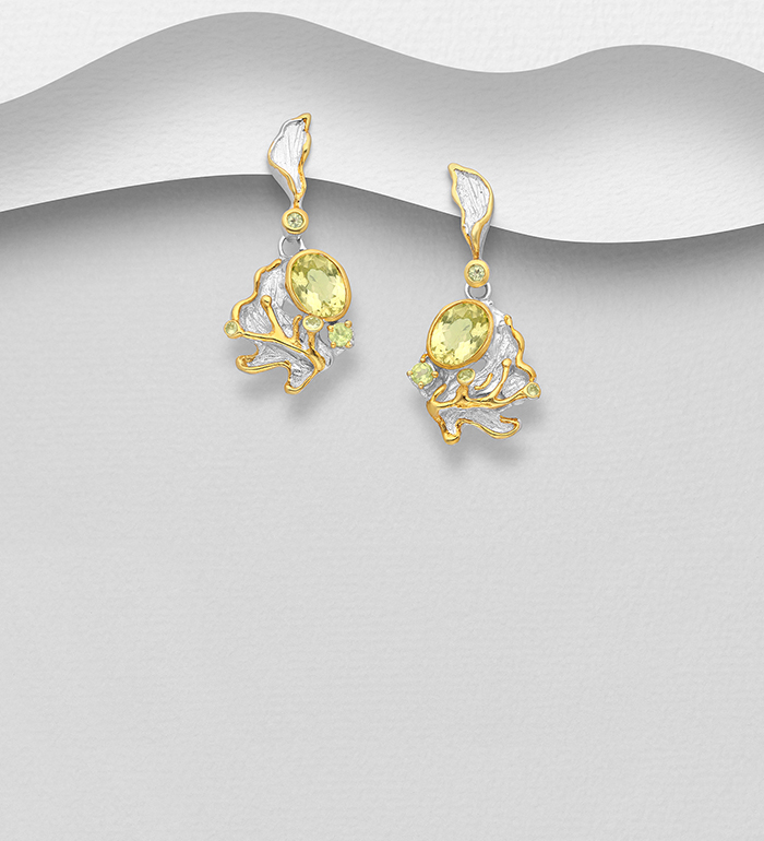 1916-230 - ADIORE JEWELS - 925 Sterling Silver Push-Back Earrings, Decorated with Lemon Quartz and Peridot, Plated with 3 Micron 22K Yellow Gold and White Rhodium