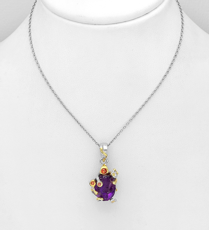 1916-231 - ADIORE JEWELS - 925 Sterling Silver Necklace, Decorated with Amethyst and Orange Sapphire, Plated with 3 Micron 22K Yellow Gold and White Rhodium