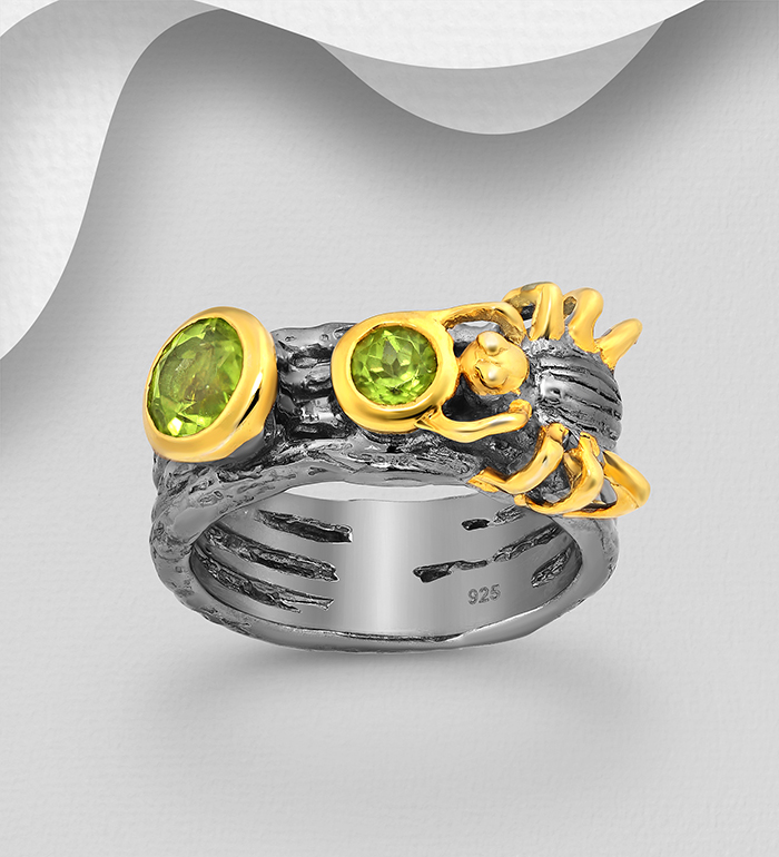 1916-232 - ADIORE JEWELS - Wholesale 925 Sterling Silver Spider Ring, Decorated with Peridots, Plated with 3 Micron 22K Yellow Gold and Black Rhodium 