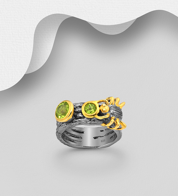 1916-232 - ADIORE JEWELS - 925 Sterling Silver Spider Ring, Decorated with Peridots, Plated with 3 Micron 22K Yellow Gold and Black Rhodium 