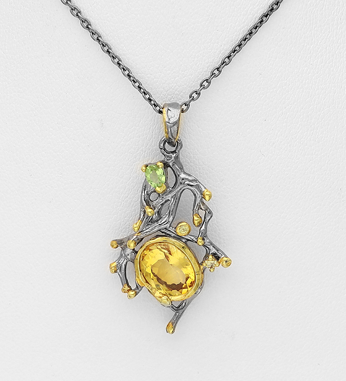 1916-234 - ADIORE JEWELS - 925 Sterling Silver Necklace, Decorated with Citrine and Peridot, Plated with 3 Micron 22K Yellow Gold and Black Rhodium