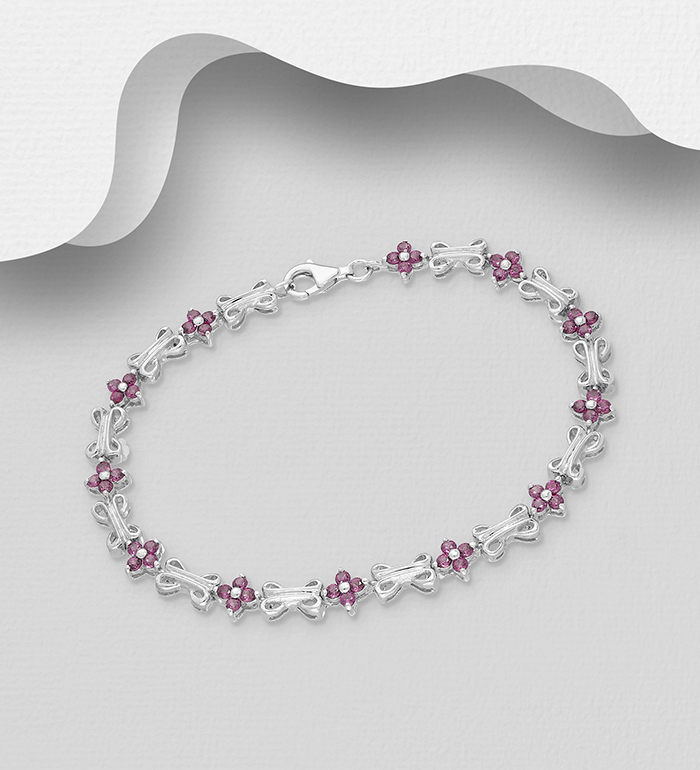 1181-4000 - La Preciada - 925 Sterling Silver Flower Bracelet, Decorated with Rhodolites 
