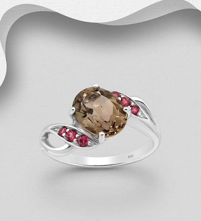 1181-4014 - La Preciada - 925 Sterling Silver Ring, Decorated with Rhodolite and Smoky Quartz 