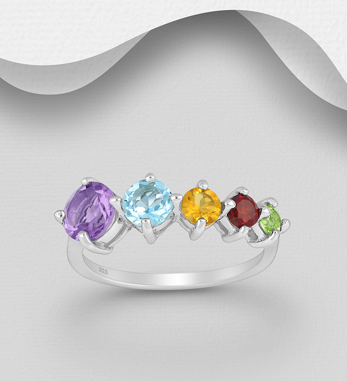 1181-291 - La Preciada - Wholesale 925 Sterling Silver Ring, Decorated with Various Gemstones, Gemstone Colors may Vary. 