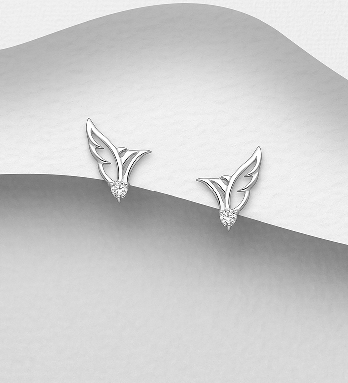 1063-1150 - Wholesale 925 Sterling Silver Push-Back Bird Earrings Decorated with CZ Simulated Diamonds