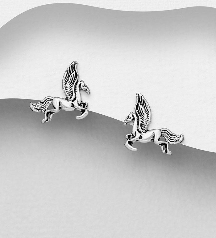 1068-1111 - Wholesale 925 Sterling Silver Oxidized Unicorn Push-Back Earrings