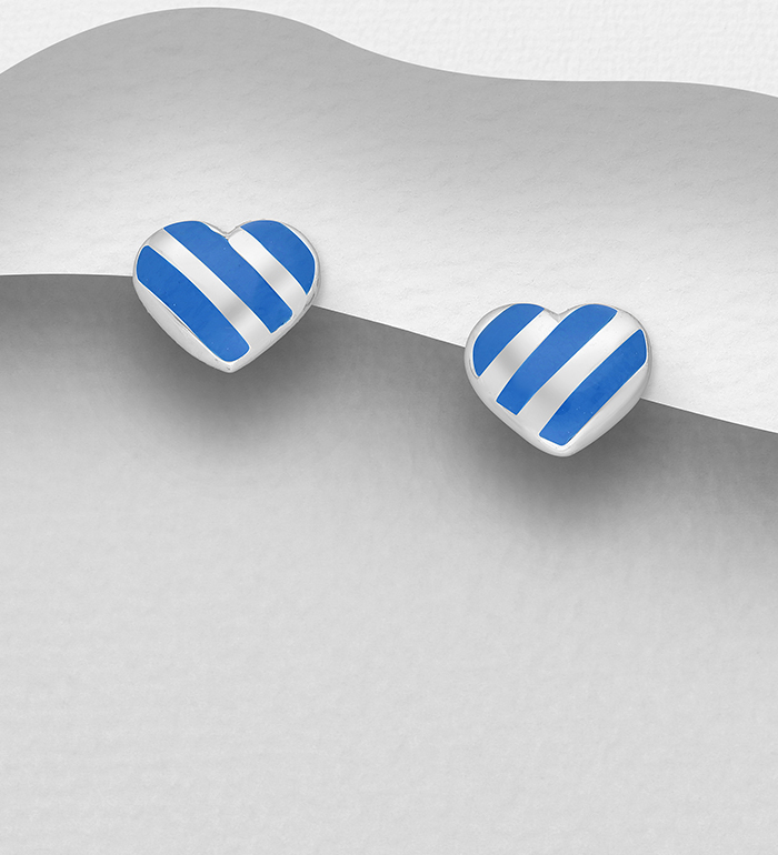 1068-1801 - Wholesale 925 Sterling Silver Heart Push-Back Earrings, Decorated with Colored Enamel