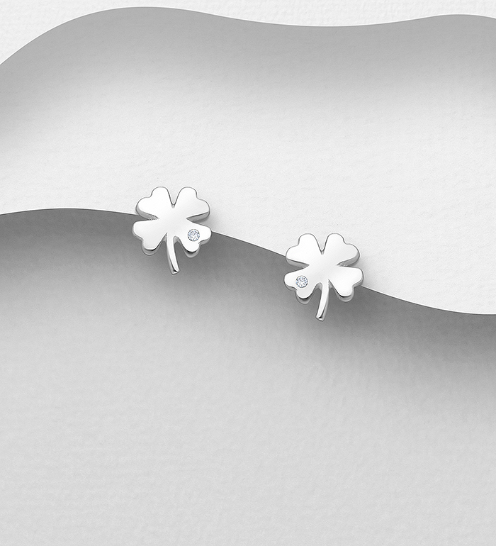 1076-291 - Wholesale 925 Sterling Silver Clover Push-Back Earrings Decorated With CZ