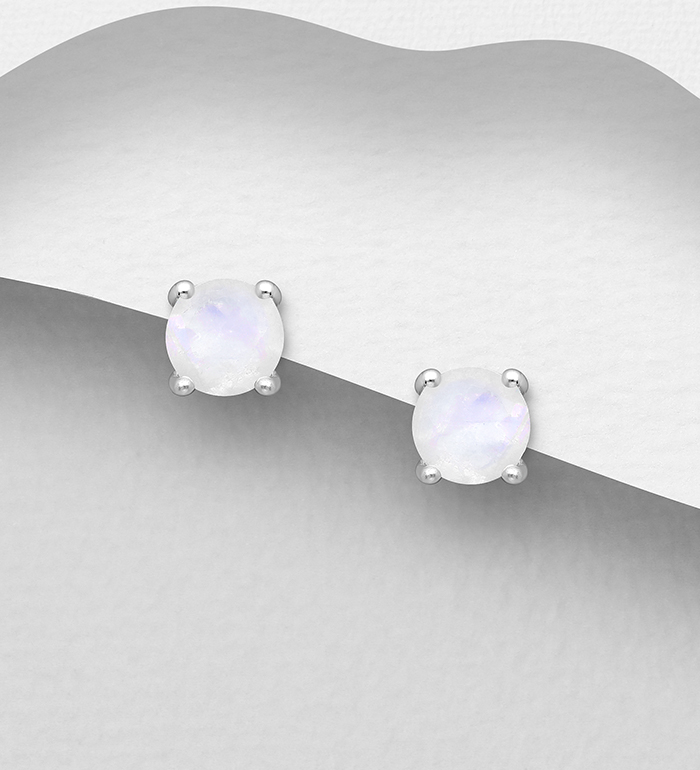 1181-3859 - Wholesale La Preciada - 925 Sterling Silver Push-Back Earrings, Decorated with Rainbow Moonstone