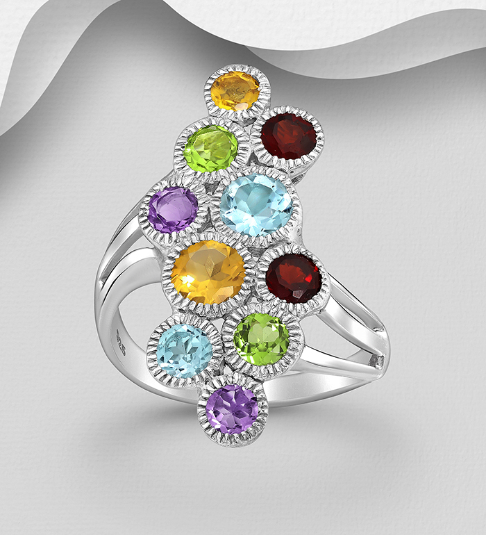 1181-944 - La Preciada - Wholesale 925 Sterling Silver Ring, Decorated with Various Gemstones, Gemstone Colors may Vary.