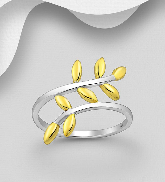 1535-261 - Wholesale 925 Sterling Silver Leaf Ring, Plated with 1 Micron 14K or 18K Yellow Gold