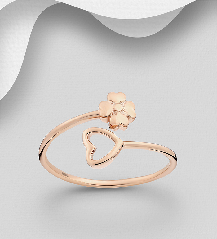 1535-268 - Wholesale 925 Sterling Silver Adjustable Ring Featuring Flower and Heart, Plated with 1 Micron Pink Gold