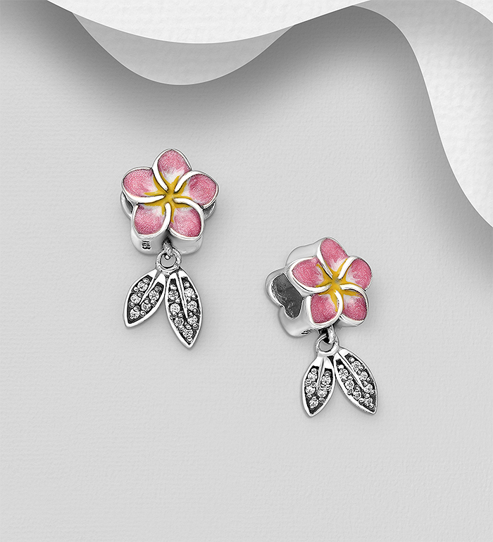 1559-501 - Wholesale 925 Sterling Silver Flower And Leaf Bead Decorated With Colored Enamel And CZ