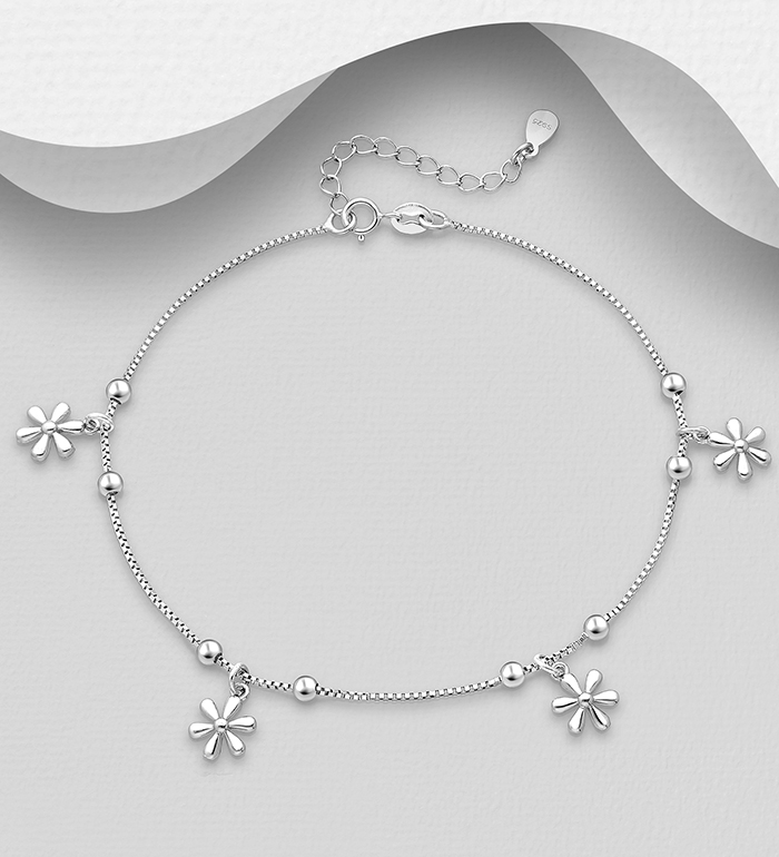 1562-183 - Italian Delight - Wholesale 925 Sterling Silver Ball & Flower Anklet, Made in Italy.