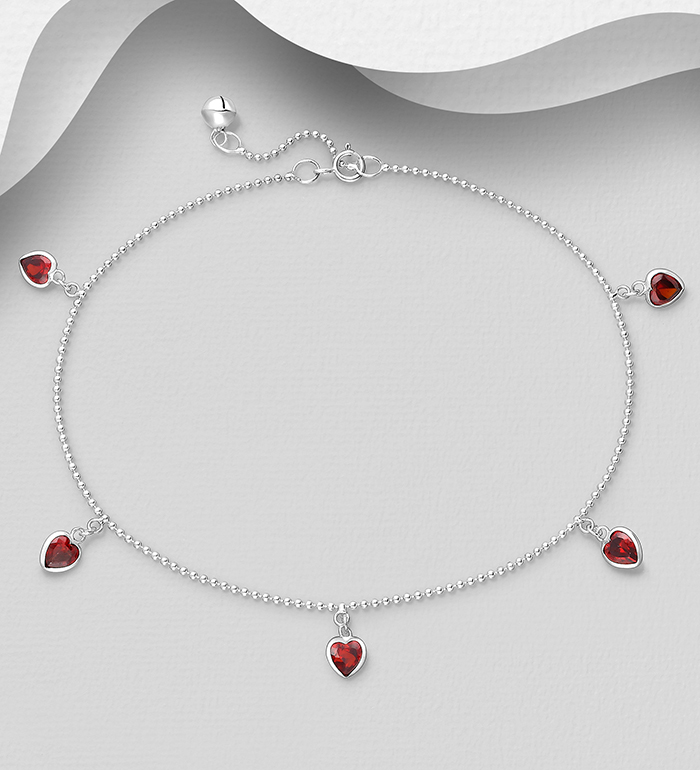 1562-432 - Wholesale 925 Sterling Silver Heart Anklet, Decorated with CZ Simulated Diamonds 