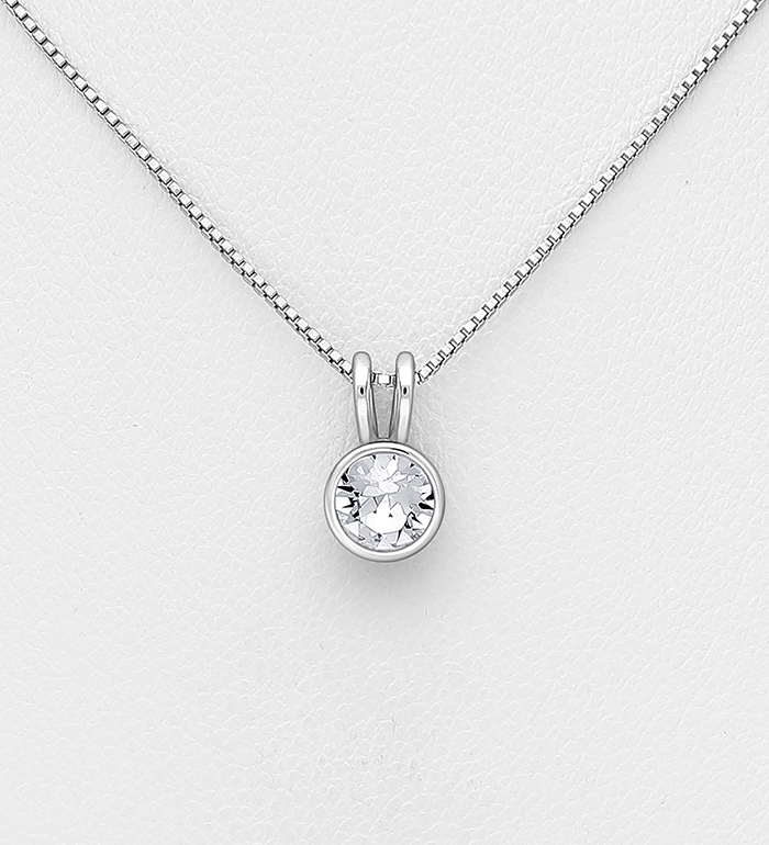 1583-180 - Sparkle by 7K - Wholesale 925 Sterling Silver Solitaire Necklace Decorated with Fine Austrian Crystal