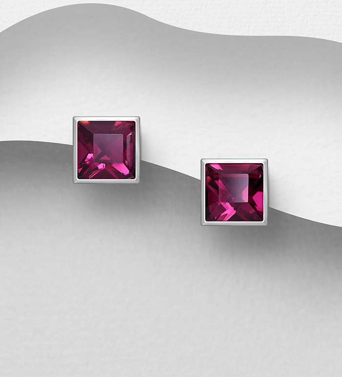 1583-224 - Sparkle by 7K - Wholesale 925 Sterling Silver Square Push-Back Earrings Decorated with Fine Austrian Crystal