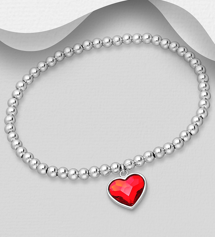 1583-387 - Wholesale Sparkle by 7K - 925 Sterling Silver Ball Elastic Bracelet Featuring Heart Decorated with Fine Austrian Crystal