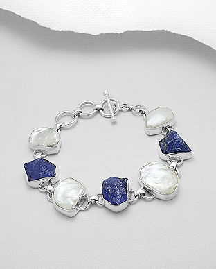 1851-114 - Wholesale JEWELLED - 925 Sterling Silver Bracelet Decorated with Freshwater Pearl and Tanzanite. Handmade. Design, Shape and Size Will Vary.