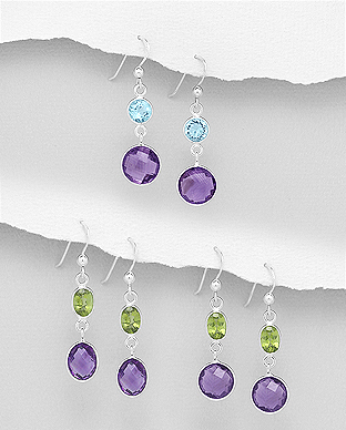 1851-118 - Wholesale JEWELLED - 925 Sterling Silver Hook Earrings Decorated with Amethyst and Various Gemstones. Handmade. Design, Shape and Size Will Vary. 