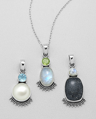 1851-137 - Wholesale JEWELLED - 925 Sterling Silver Pendant, Decorated with Freshwater Pearl and Various Gemstones. Handmade. Design, Shape and Size Will Vary.