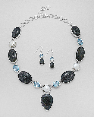 1851-144 - Wholesale JEWELLED - 925 Sterling Silver Hook Earrings and Necklace Jewelry Set, Decorated with Freshwater Pearls, Nit Night Quartz and Sky-Blue Topaz. Handmade. Design, Shape and Size Will Vary. 