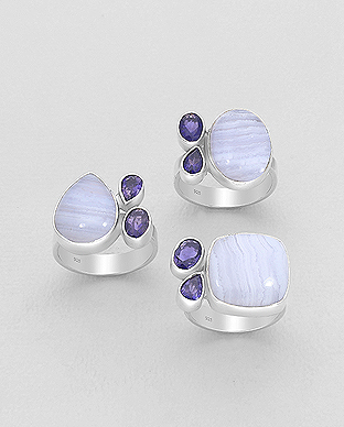 1851-187 - Wholesale JEWELLED - 925 Sterling Silver Ring Decorated with Blue Lace Agate and Iolite. Handmade. Design, Shape and Size Will Vary.
