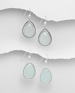 1851-214 - Wholesale JEWELLED - 925 Sterling Silver Hook Earrings Decorated with Aqua Chalcedony. Handmade. Shape and Size Will Vary.

