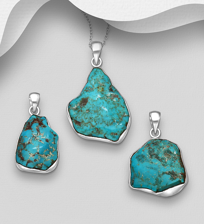 1851-241 - Wholesale JEWELLED - 925 Sterling Silver Pendant Decorated with Turquoise. Handmade. Design, Shape and Size Will Vary.
