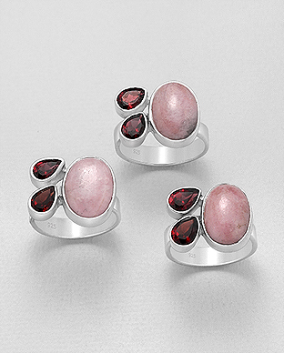 1851-254 - Wholesale JEWELLED - 925 Sterling Silver Ring, Decorated with Garnet and Rhodonite. Handmade. Design, Shape and Size Will Vary. 