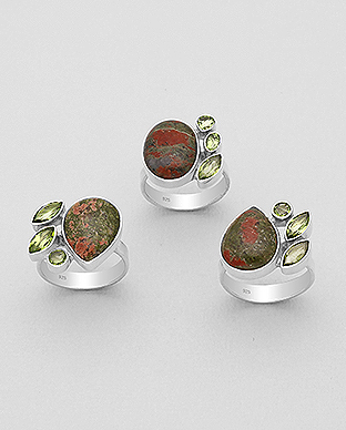 1851-260 - Wholesale JEWELLED - 925 Sterling Silver Ring, Decorated with Unakite and Peridots. Handmade. Design, Shape and Size Will Vary. 