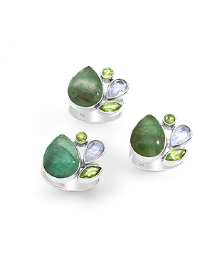 1851-269 - Wholesale JEWELLED - 925 Sterling Silver Ring, Decorated with Chrysoprase, Rainbow Moonstone and Peridots. Handmade. Design, Shape and Size Will Vary. 