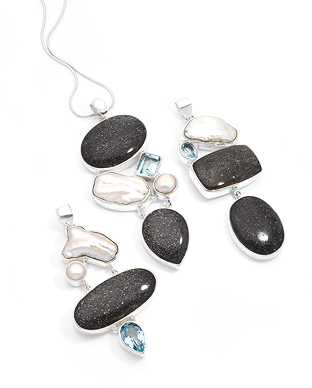 1851-276 - Wholesale JEWELLED - 925 Sterling Silver Pendant, Decorated with Nit Night Quartz, Freshwater Pearls and Sky-Blue Topaz. Handmade. Design, Shape and Size Will Vary. 