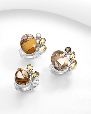 1851-280 - Wholesale JEWELLED - 925 Sterling Silver Ring, Decorated with Brecciated Mookaite, Citrine and Freshwater Pearl. Handmade. Shape and Size Will Vary.