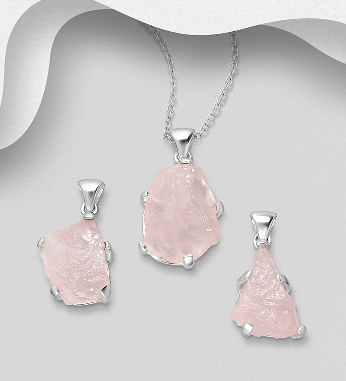 1851-320 - JEWELLED - Wholesale 925 Sterling Silver Pendant Decorated with Uncut 
Rose Quartz. Handmade. Shape and Size Will Vary.
