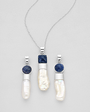 1851-33 - Wholesale JEWELLED - 925 Sterling Silver Pendant Decorated with Freshwater Pearl and Lapis Lazuli. Handmade. Design, Shape and Size Will Vary.