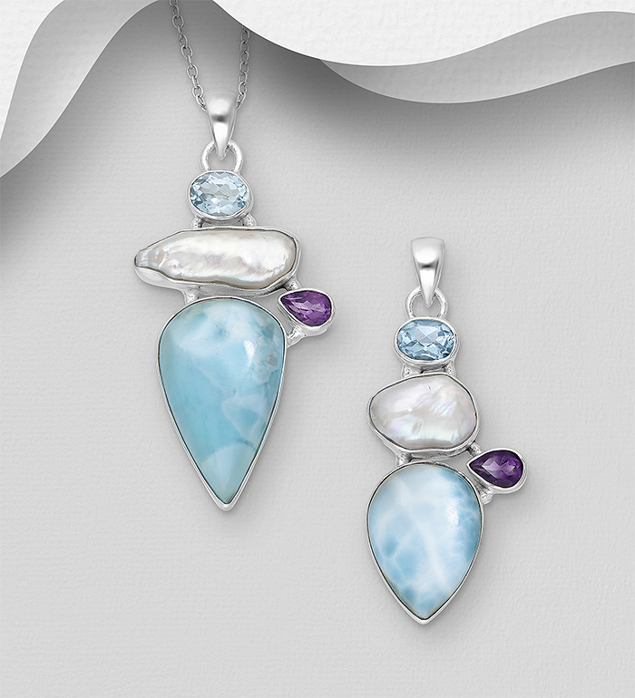1851-352 - Wholesale JEWELLED - 925 Sterling Silver Pendant, Decorated with Larimar, Freshwater Pearls, Sky-Blue Topaz and Tanzanite. Handmade. Design, Shape and Size Will Vary. 