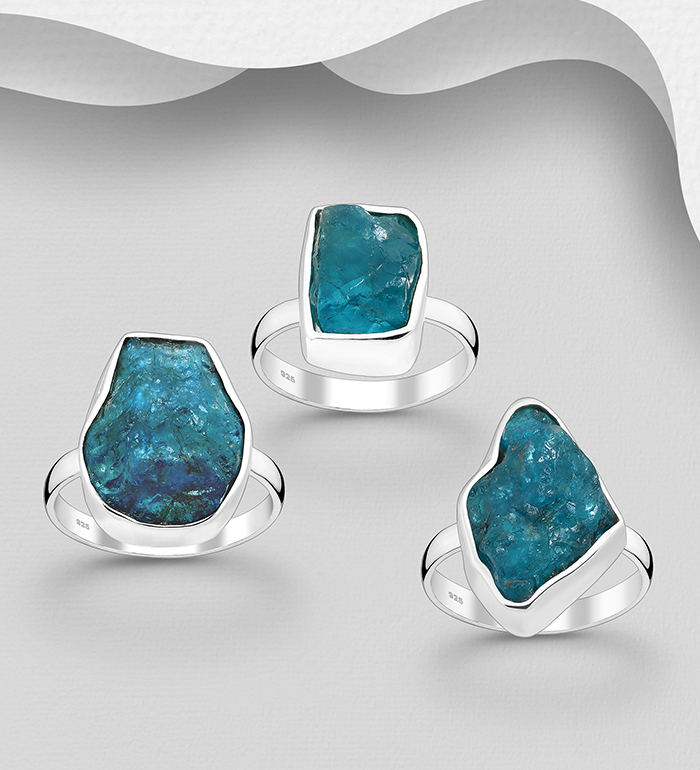 1851-367 - JEWELLED - Wholesale 925 Sterling Silver Ring Decorated with Uncut Blue Apatite. Handmade. Design, Shape and Size Will Vary.