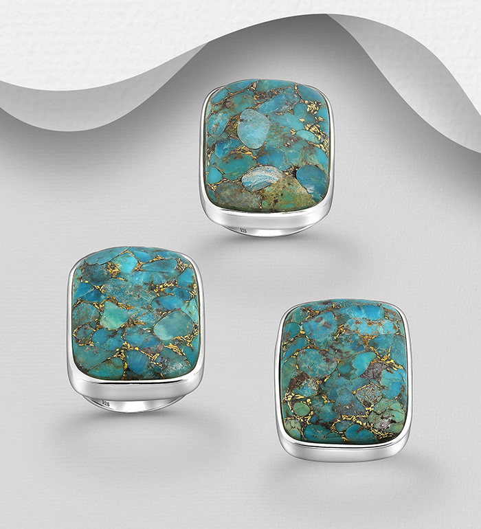 1851-67 - Wholesale JEWELLED - 925 Sterling Silver Ring Decorated with Reconstructed Copper Turquoise. Handmade. Shape and Size Will vary.