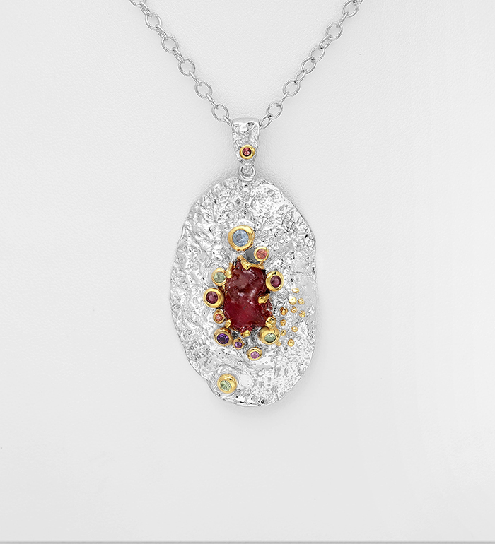 1916-83 - ADIORE JEWELS - Wholesale 925 Sterling Silver Necklace Decorated with Green Sapphires, Light blue Sapphires, Orange Sapphires, Pink Sapphire, Amethyst and Ruby, Plated with 3 Micron 22K Yellow Gold and White Rhodium