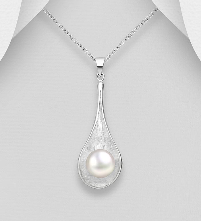 382-1044 - Wholesale 925 Sterling Silver Matte Pendant, Decorated with 12 mm Diameter Freshwater Pearl