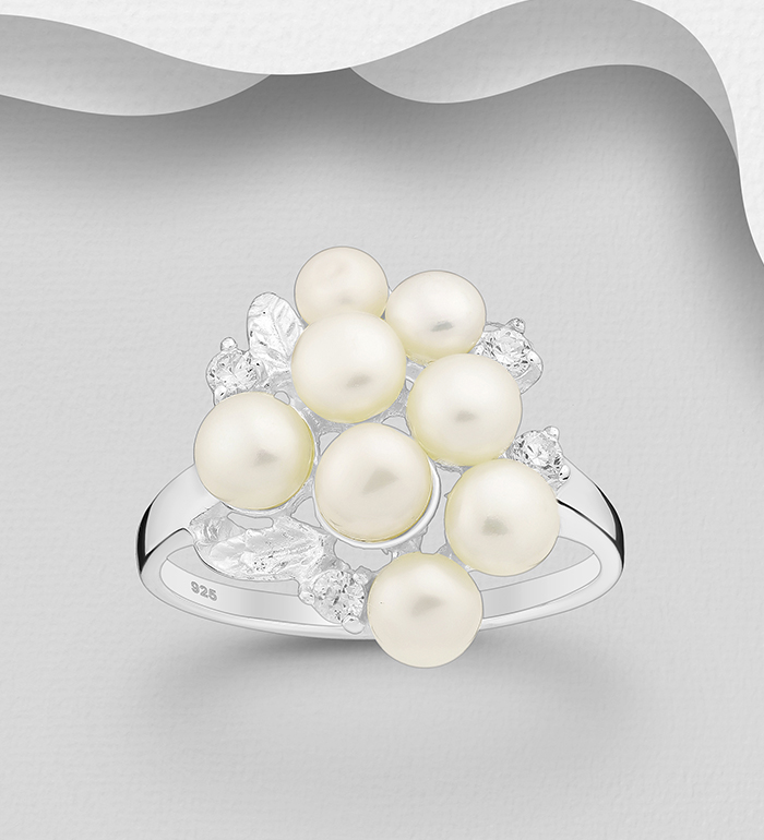 382-1471 - Wholesale 925 Sterling Silver Ring, Decorated with Freshwater Pearls and CZ Simulated Diamonds