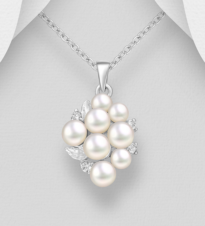 382-1473 - Wholesale 925 Sterling Silver Pendant, Decorated with Freshwater Pearl and CZ Simulated Diamonds