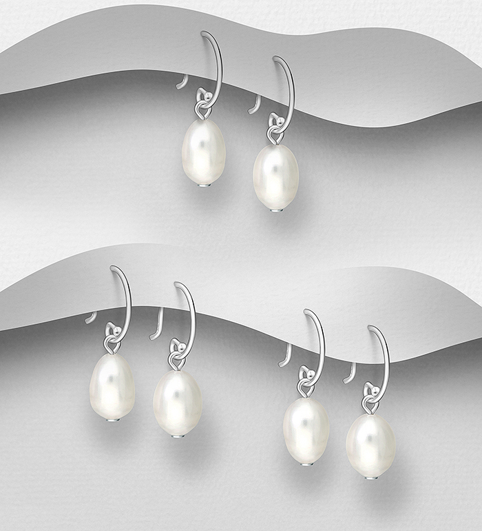 382-1763 - Wholesale 925 Sterling Silver Hook Earrings Beaded with Freshwater Pearls, Shape and Size Will Vary.