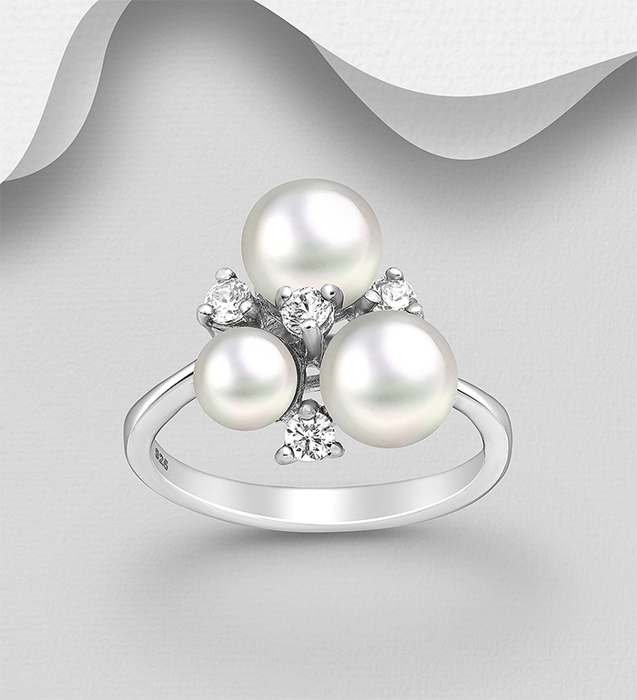 382-1950 - Wholesale 925 Sterling Silver Ring, Decorated with Freshwater Pearls and CZ Simulated Diamonds