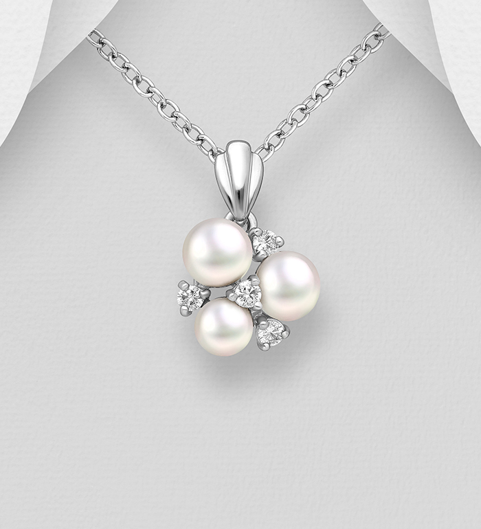 382-1952 - Wholesale 925 Sterling Silver Pendant, Decorated with Freshwater Pearls and CZ Simulated Diamonds