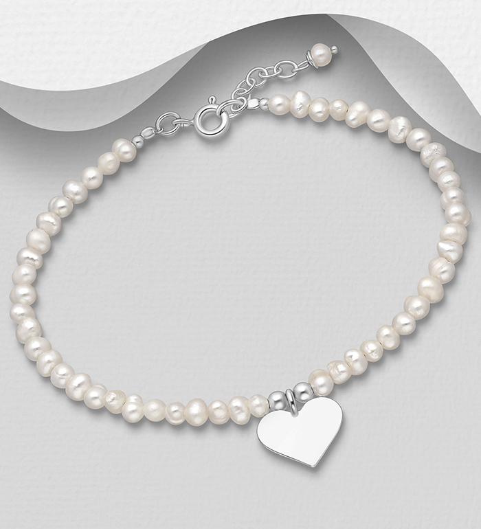 382-1963 - Wholesale 925 Sterling Silver Heart Bracelet Beaded with Freshwater Pearls
